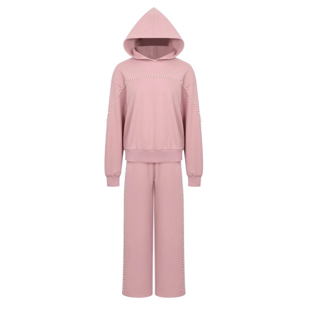 RIVIR Mauve Pink Pearl Embellished Hoodie and Wide Leg Pant Set Large